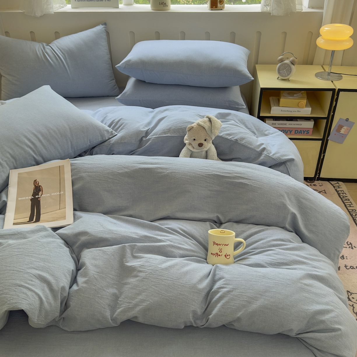 91家纺网 家纺一手货源 找家纺 宜家坊 2025新款A类全棉色织水洗棉被套单件纯棉格子纯色学生宿舍被罩定制定做 纯色-浅蓝