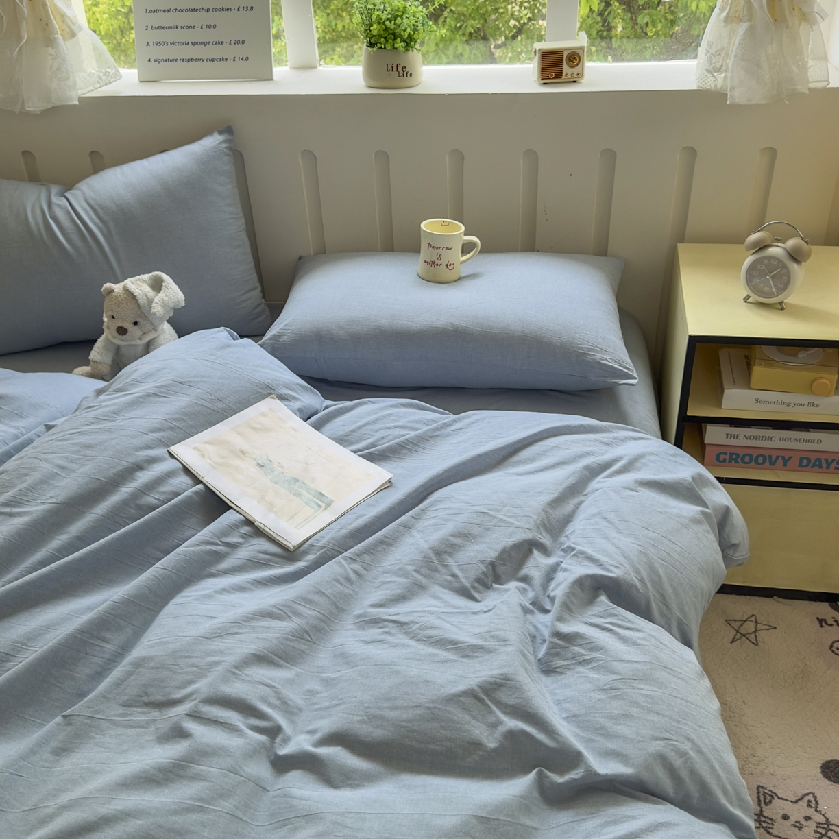 91家纺网 家纺一手货源 找家纺 宜家坊 2025新款A类全棉色织水洗棉被套单件纯棉格子纯色学生宿舍被罩定制定做 纯色-浅蓝