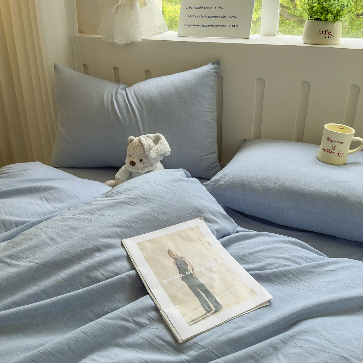 91家纺网 家纺一手货源 找家纺 宜家坊 2025新款A类全棉色织水洗棉被套单件纯棉格子纯色学生宿舍被罩定制定做 纯色-浅蓝