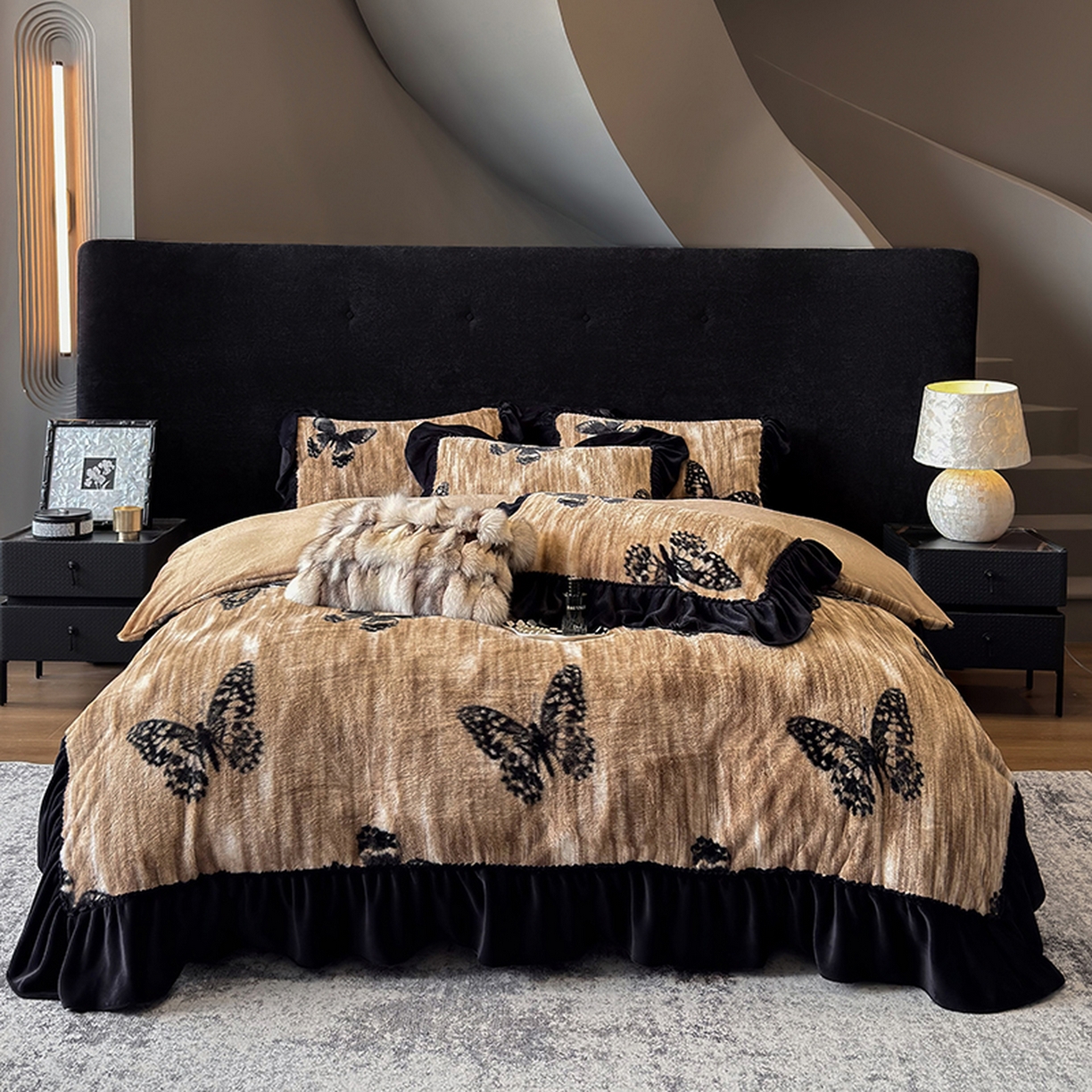 91家纺网 家纺一手货源 找家纺 优悦生活馆 2025新款兔毛绒牛奶绒保暖四件套 蝶纹