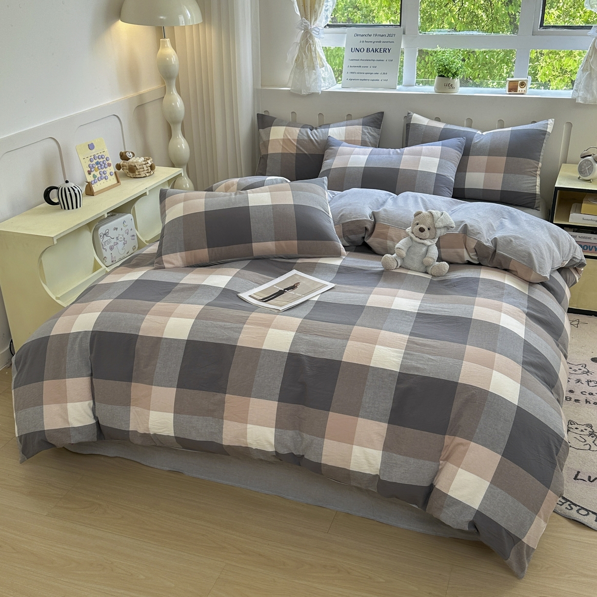91家纺网 家纺一手货源 找家纺 宜家坊 2025新款A类全棉色织水洗棉被套单件纯棉格子纯色学生宿舍被罩定制定做 洛伊-灰咖大格