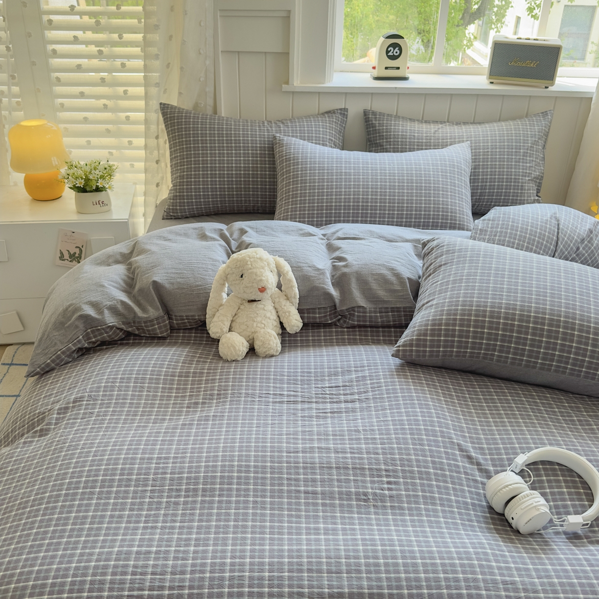 91家纺网 家纺一手货源 找家纺 宜家坊 2025新款A类全棉色织水洗棉被套单件纯棉格子纯色学生宿舍被罩定制定做 米娜-绿灰