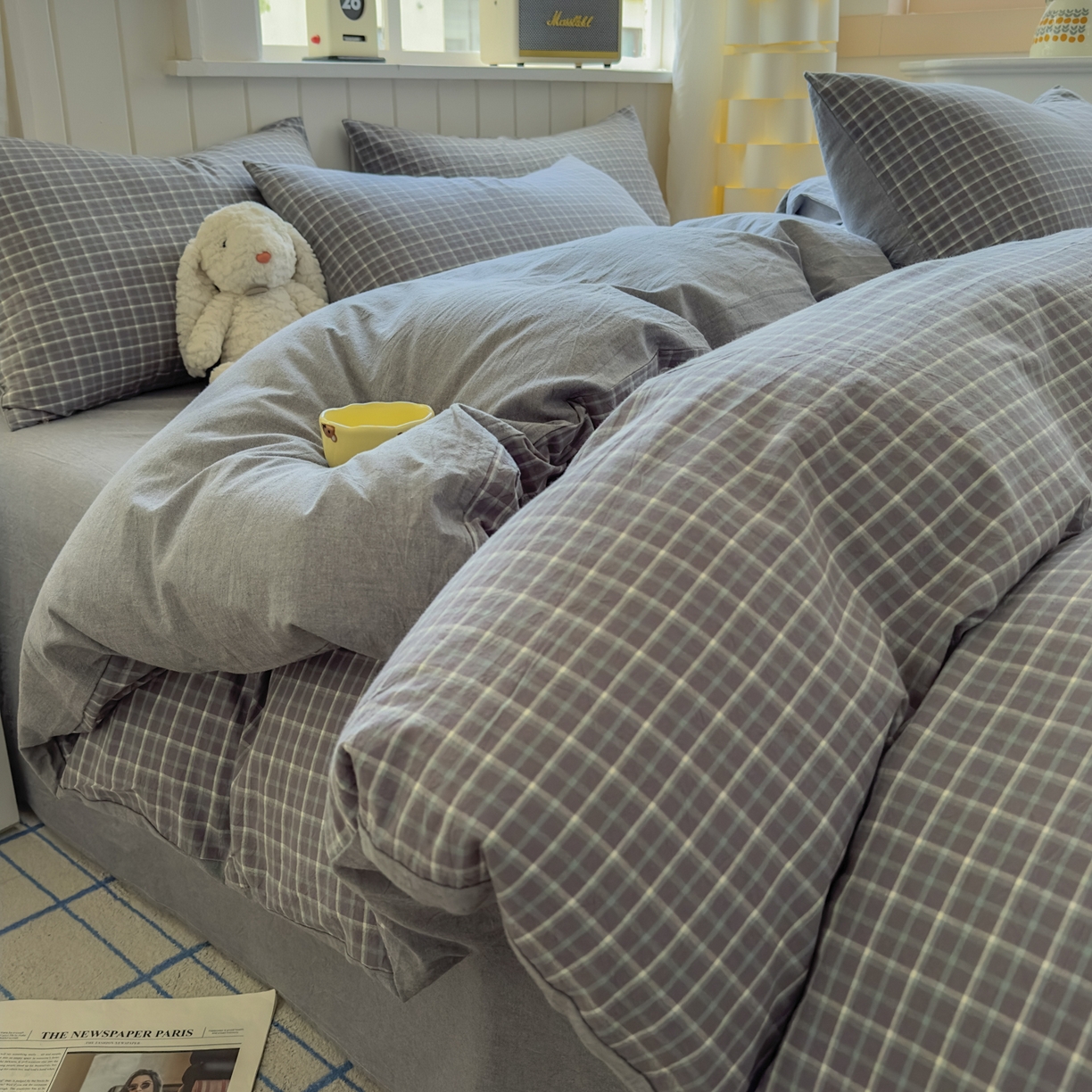 91家纺网 家纺一手货源 找家纺 宜家坊 2025新款A类全棉色织水洗棉被套单件纯棉格子纯色学生宿舍被罩定制定做 米娜-绿灰