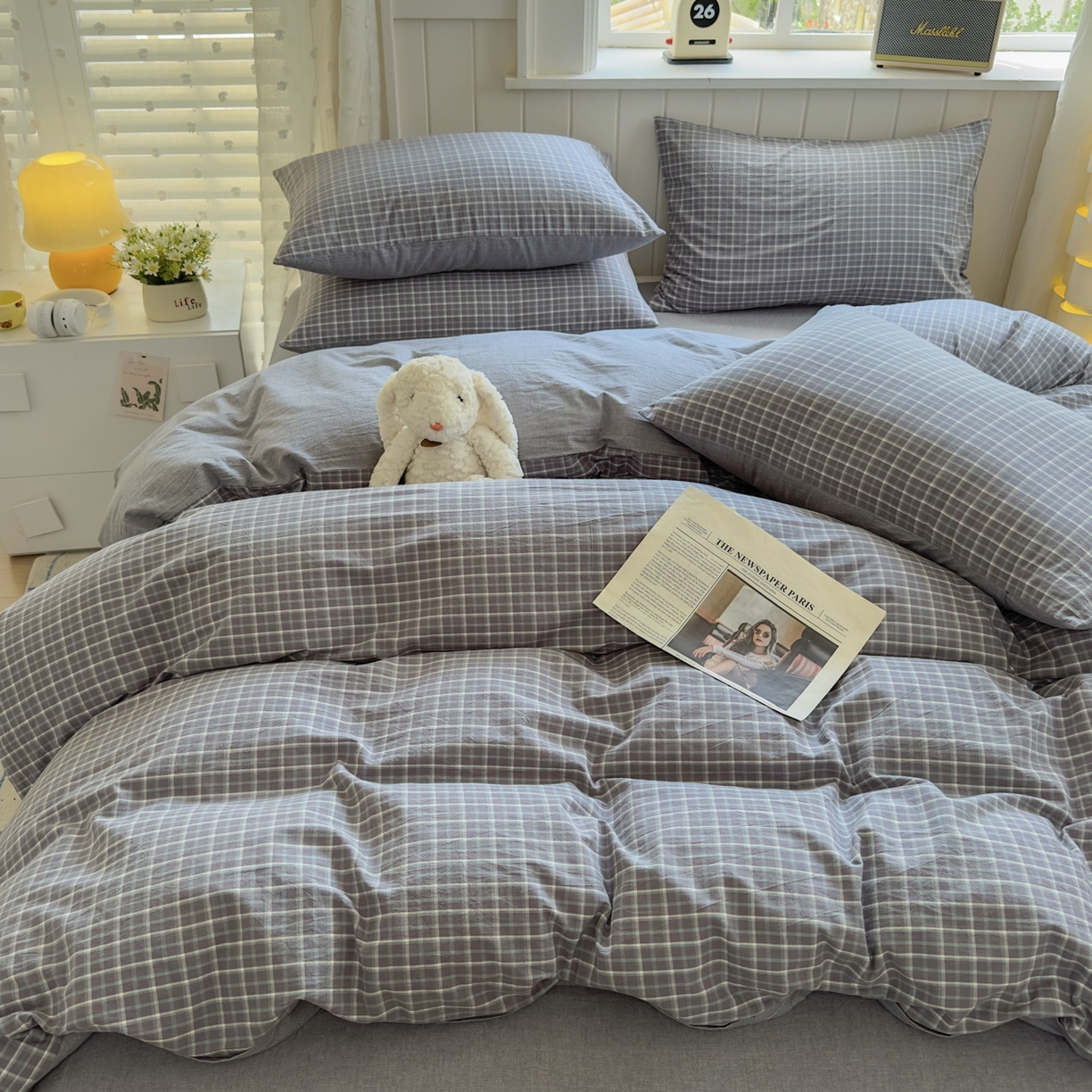 91家纺网 家纺一手货源 找家纺 宜家坊 2025新款A类全棉色织水洗棉被套单件纯棉格子纯色学生宿舍被罩定制定做 米娜-绿灰