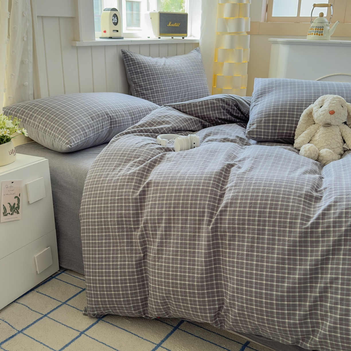 91家纺网 家纺一手货源 找家纺 宜家坊 2025新款A类全棉色织水洗棉被套单件纯棉格子纯色学生宿舍被罩定制定做 米娜-绿灰