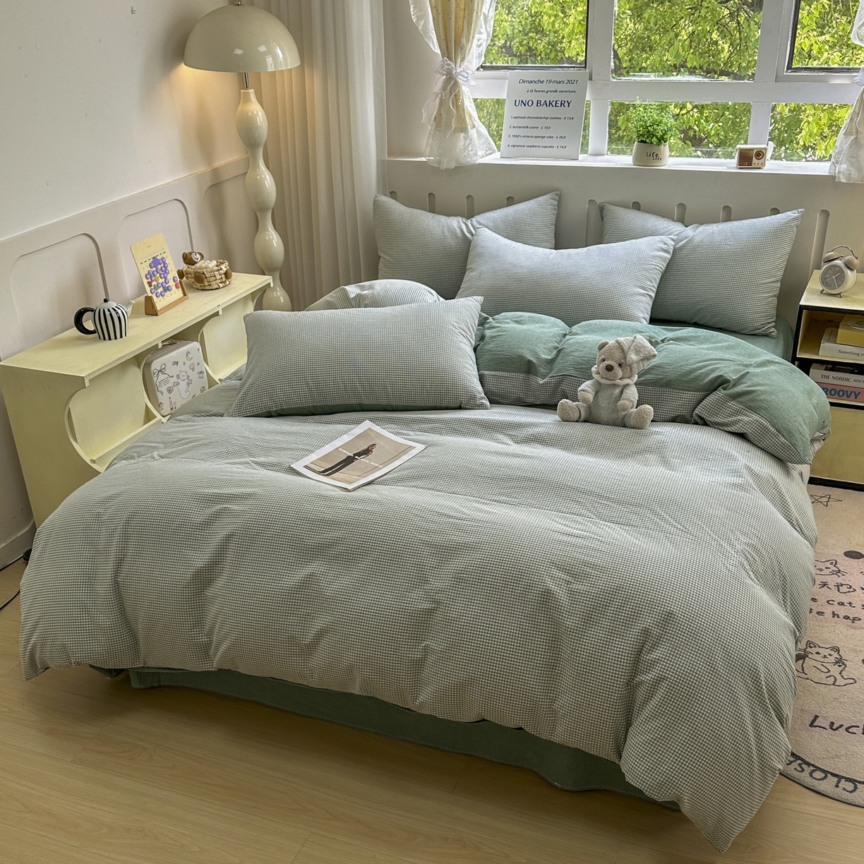 91家纺网 家纺一手货源 找家纺 宜家坊 2025新款A类全棉色织水洗棉被套单件纯棉格子纯色学生宿舍被罩定制定做 密格-草绿
