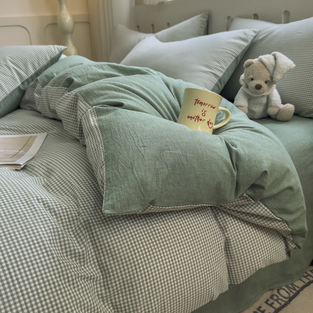 91家纺网 家纺一手货源 找家纺 宜家坊 2025新款A类全棉色织水洗棉被套单件纯棉格子纯色学生宿舍被罩定制定做 密格-草绿