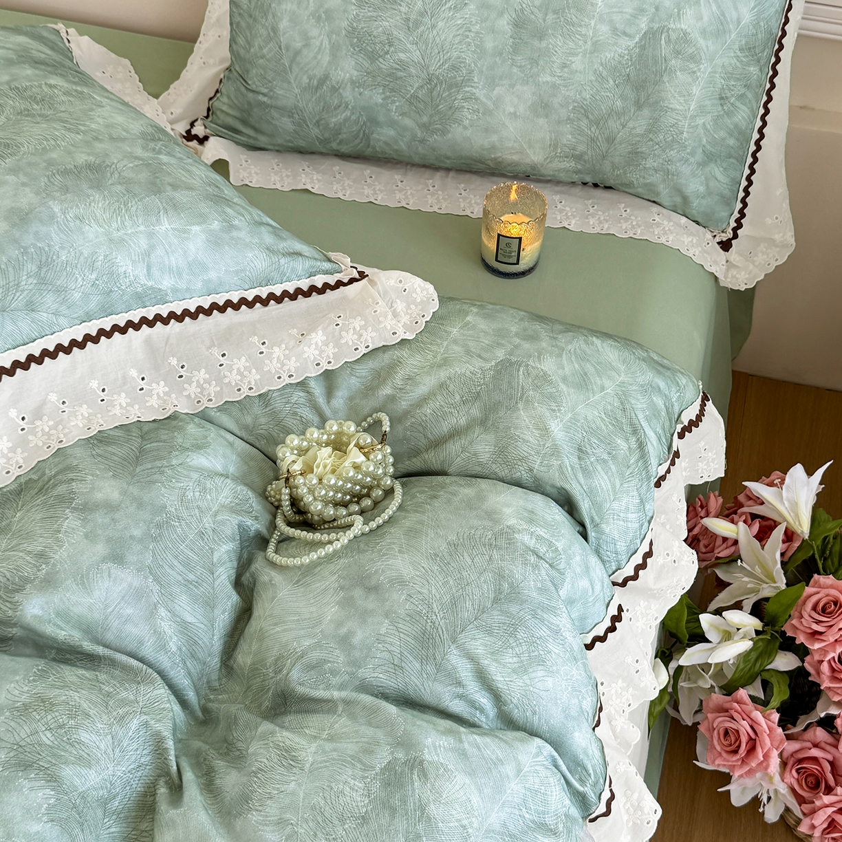 91家纺网 家纺一手货源 找家纺 星座家纺 2025新款秋冬全棉花边数码印花磨毛四件套 羽絮-兰