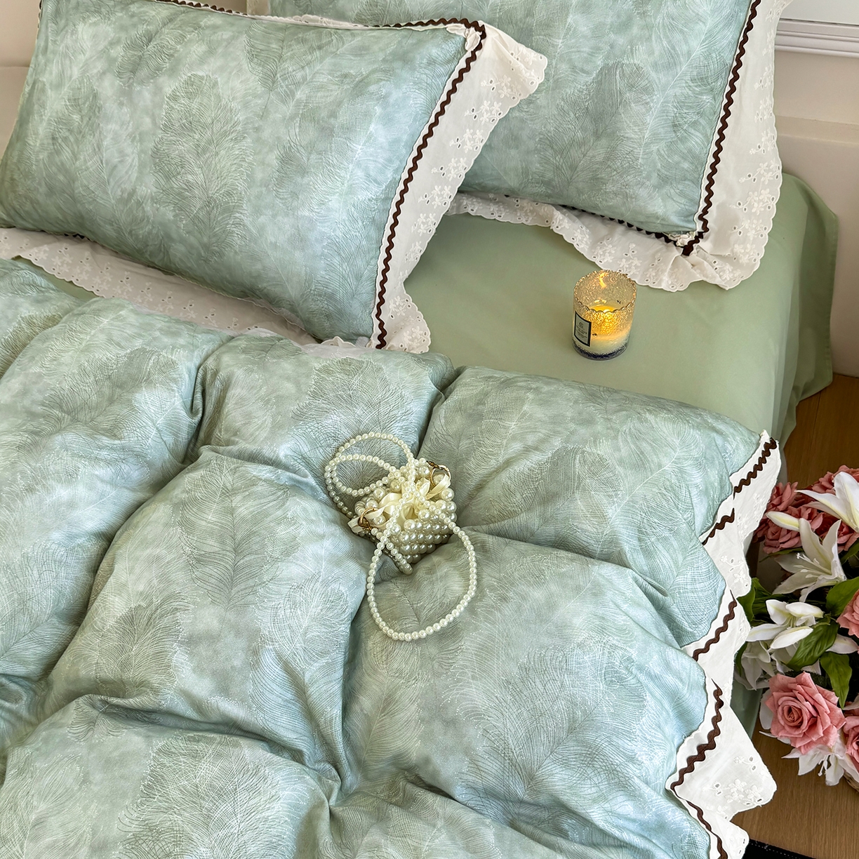 91家纺网 家纺一手货源 找家纺 星座家纺 2025新款秋冬全棉花边数码印花磨毛四件套 羽絮-兰