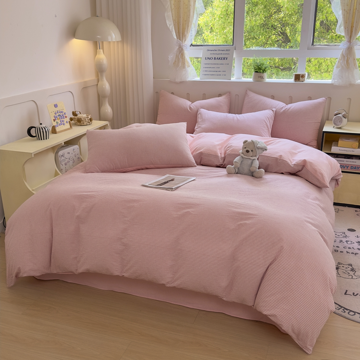 91家纺网 家纺一手货源 找家纺 宜家坊 2025新款A类全棉色织水洗棉被套单件纯棉格子纯色学生宿舍被罩定制定做 密格-浅粉
