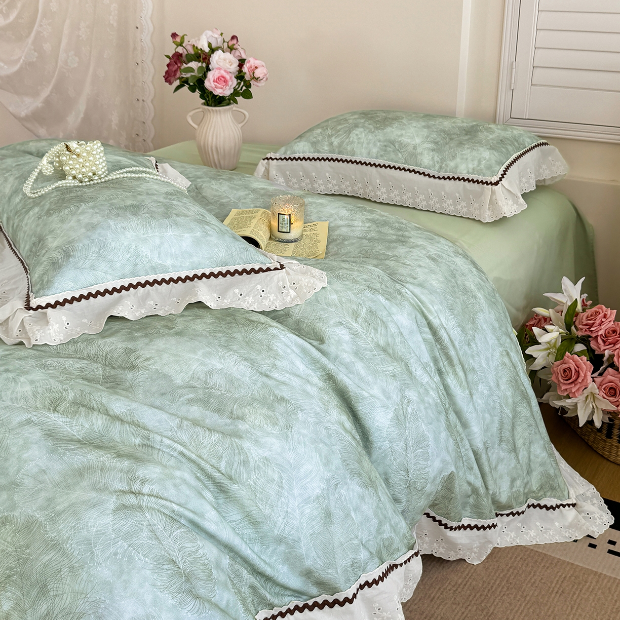 91家纺网 家纺一手货源 找家纺 星座家纺 2025新款秋冬全棉花边数码印花磨毛四件套 羽絮-兰