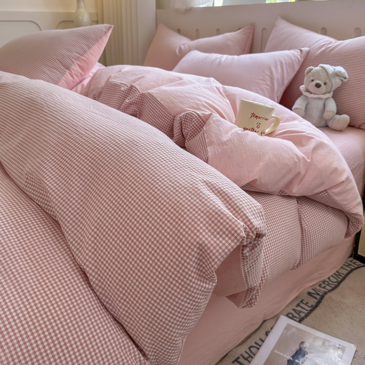 91家纺网 家纺一手货源 找家纺 宜家坊 2025新款A类全棉色织水洗棉被套单件纯棉格子纯色学生宿舍被罩定制定做 密格-浅粉