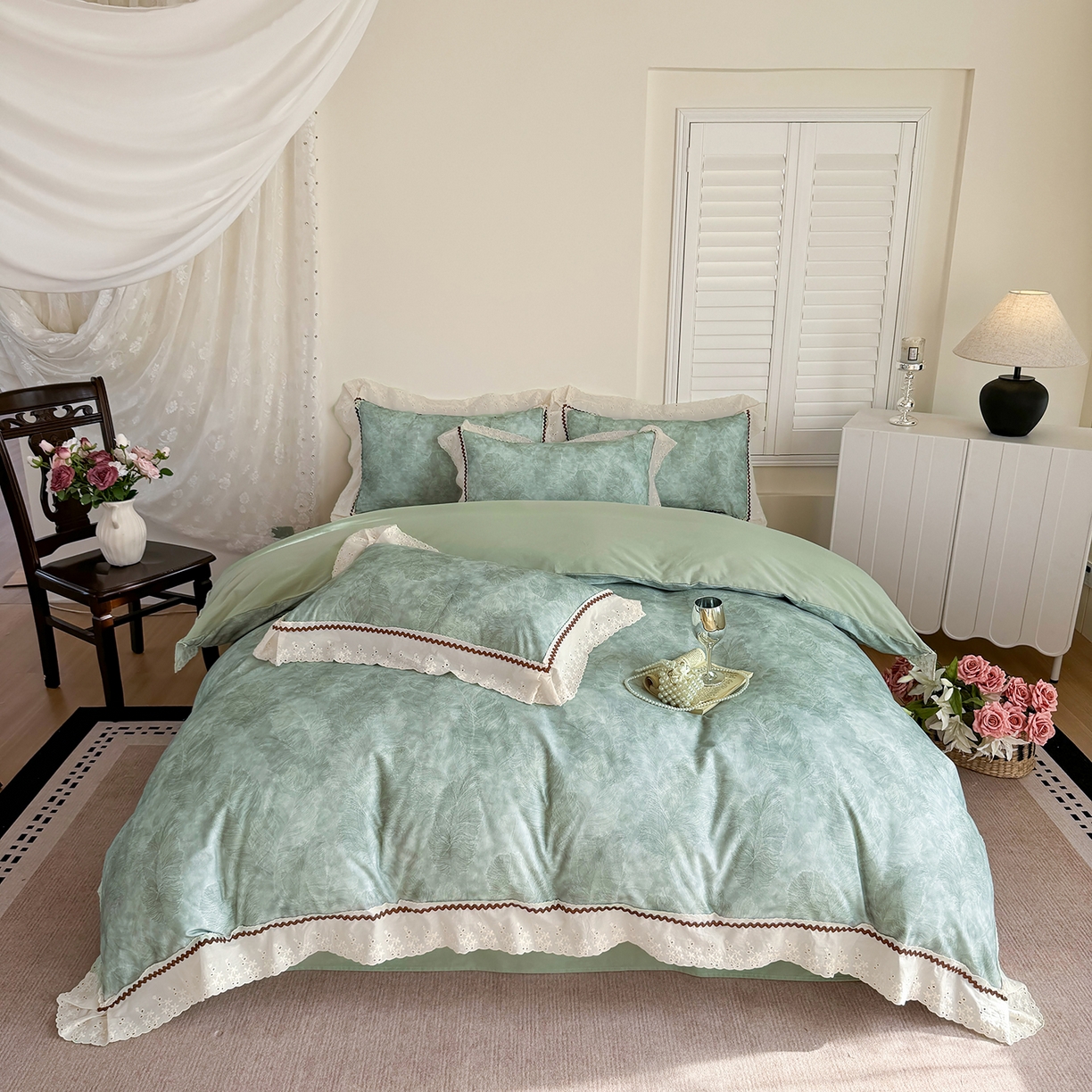 91家纺网 家纺一手货源 找家纺 星座家纺 2025新款秋冬全棉花边数码印花磨毛四件套 羽絮-兰