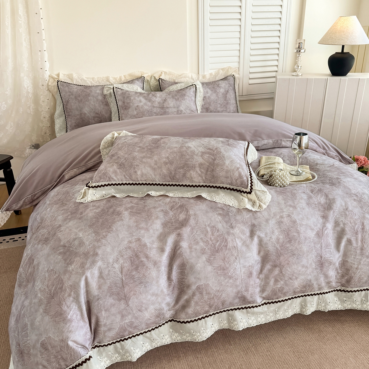 星座家纺 2025新款秋冬全棉花边数码印花磨毛四件套 羽絮-紫