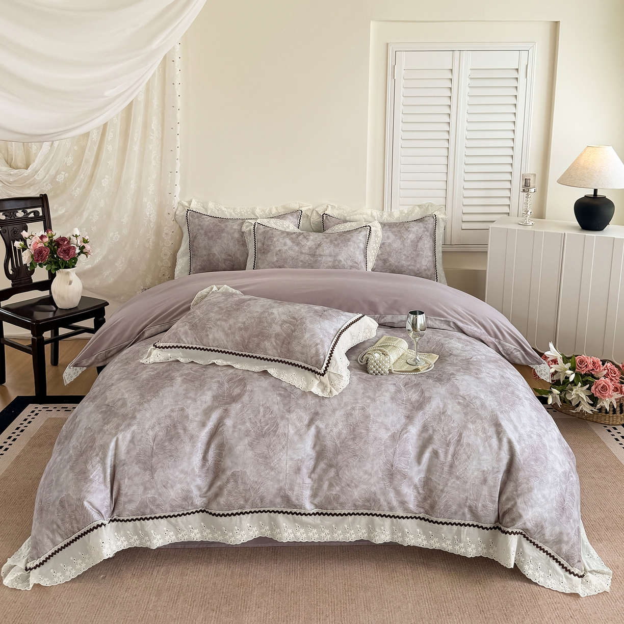 91家纺网 家纺一手货源 找家纺 星座家纺 2025新款秋冬全棉花边数码印花磨毛四件套 羽絮-紫