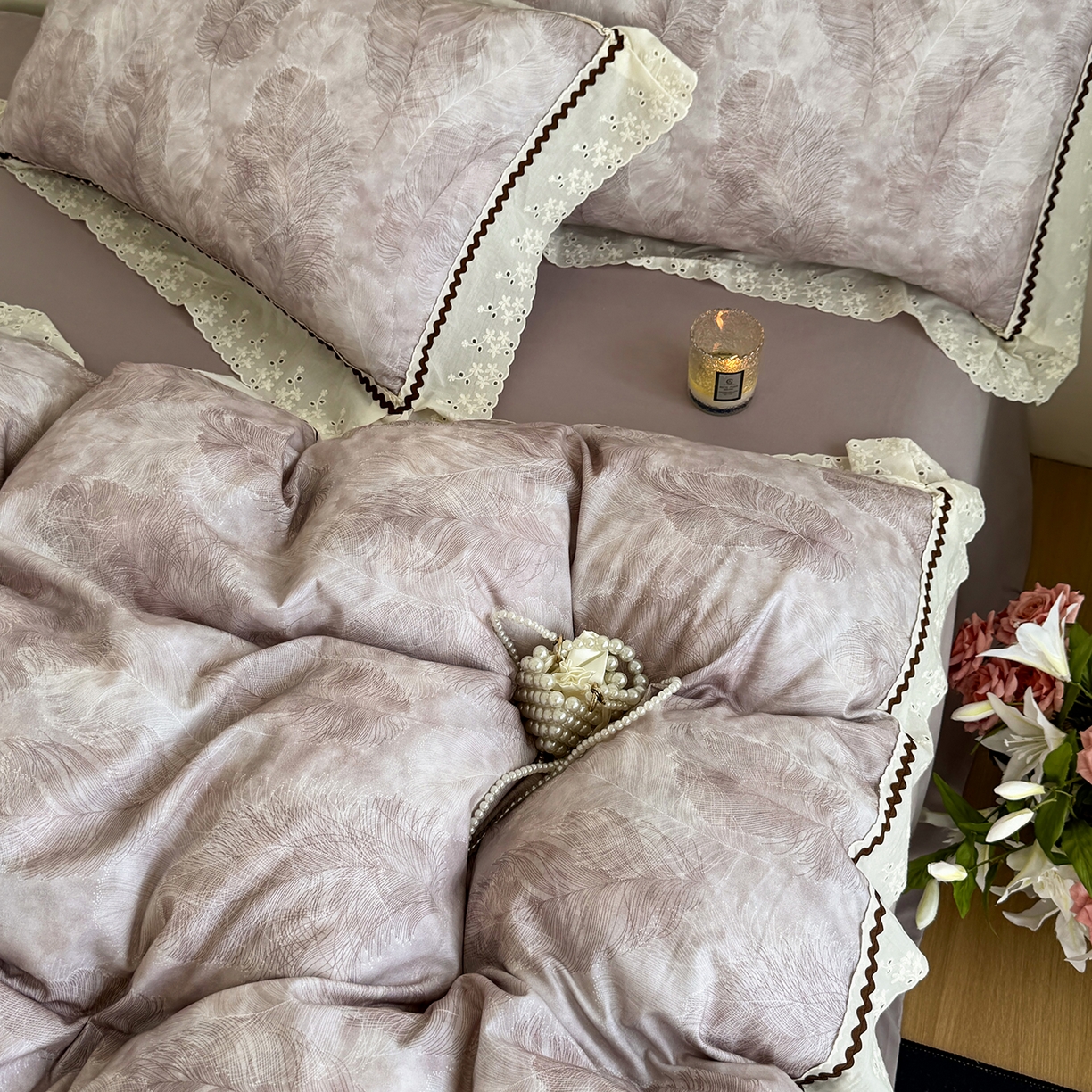 91家纺网 家纺一手货源 找家纺 星座家纺 2025新款秋冬全棉花边数码印花磨毛四件套 羽絮-紫