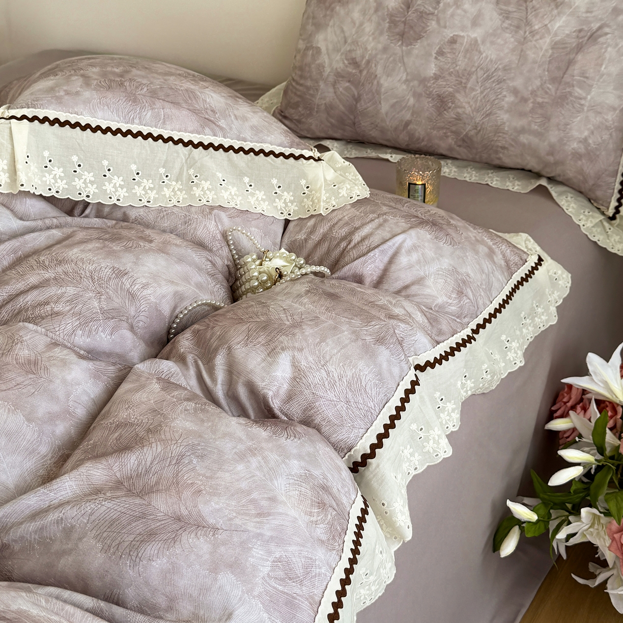 91家纺网 家纺一手货源 找家纺 星座家纺 2025新款秋冬全棉花边数码印花磨毛四件套 羽絮-紫