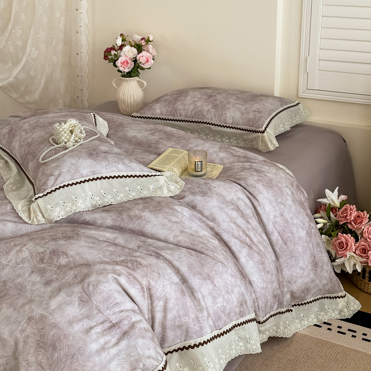 91家纺网 家纺一手货源 找家纺 星座家纺 2025新款秋冬全棉花边数码印花磨毛四件套 羽絮-紫