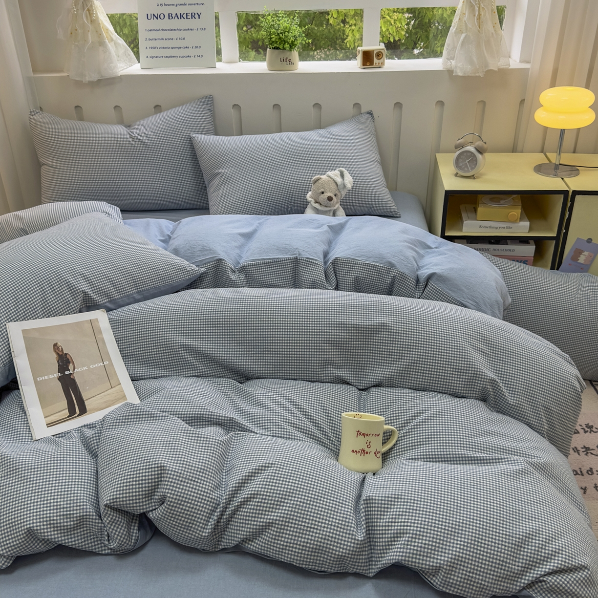 91家纺网 家纺一手货源 找家纺 宜家坊 2025新款A类全棉色织水洗棉被套单件纯棉格子纯色学生宿舍被罩定制定做 密格-浅蓝