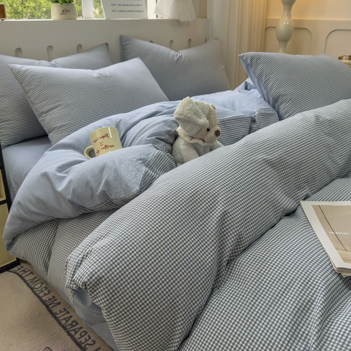 91家纺网 家纺一手货源 找家纺 宜家坊 2025新款A类全棉色织水洗棉被套单件纯棉格子纯色学生宿舍被罩定制定做 密格-浅蓝