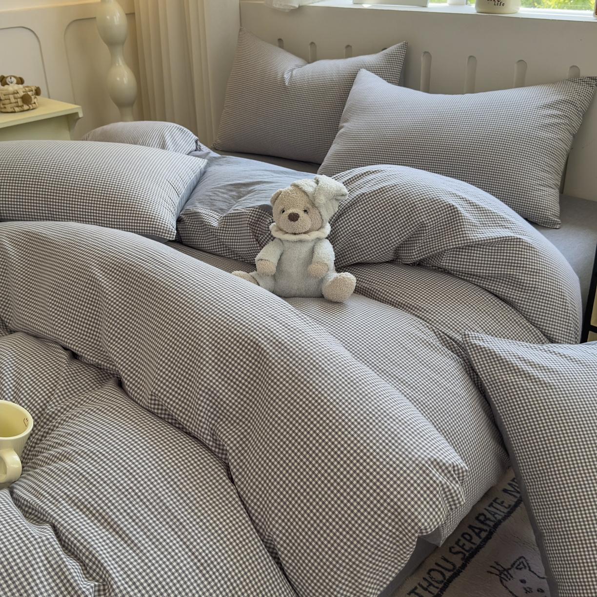 91家纺网 家纺一手货源 找家纺 宜家坊 2025新款A类全棉色织水洗棉被套单件纯棉格子纯色学生宿舍被罩定制定做 密格-烟灰