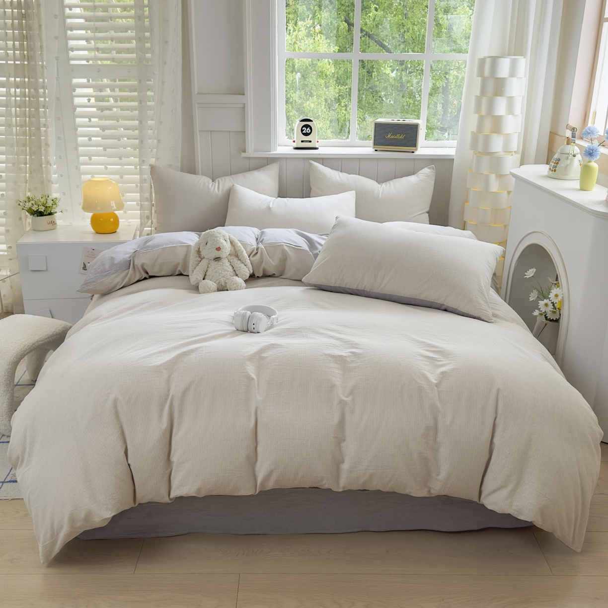 91家纺网 家纺一手货源 找家纺 宜家坊 2025新款A类全棉色织水洗棉被套单件纯棉格子纯色学生宿舍被罩定制定做 密条-米灰