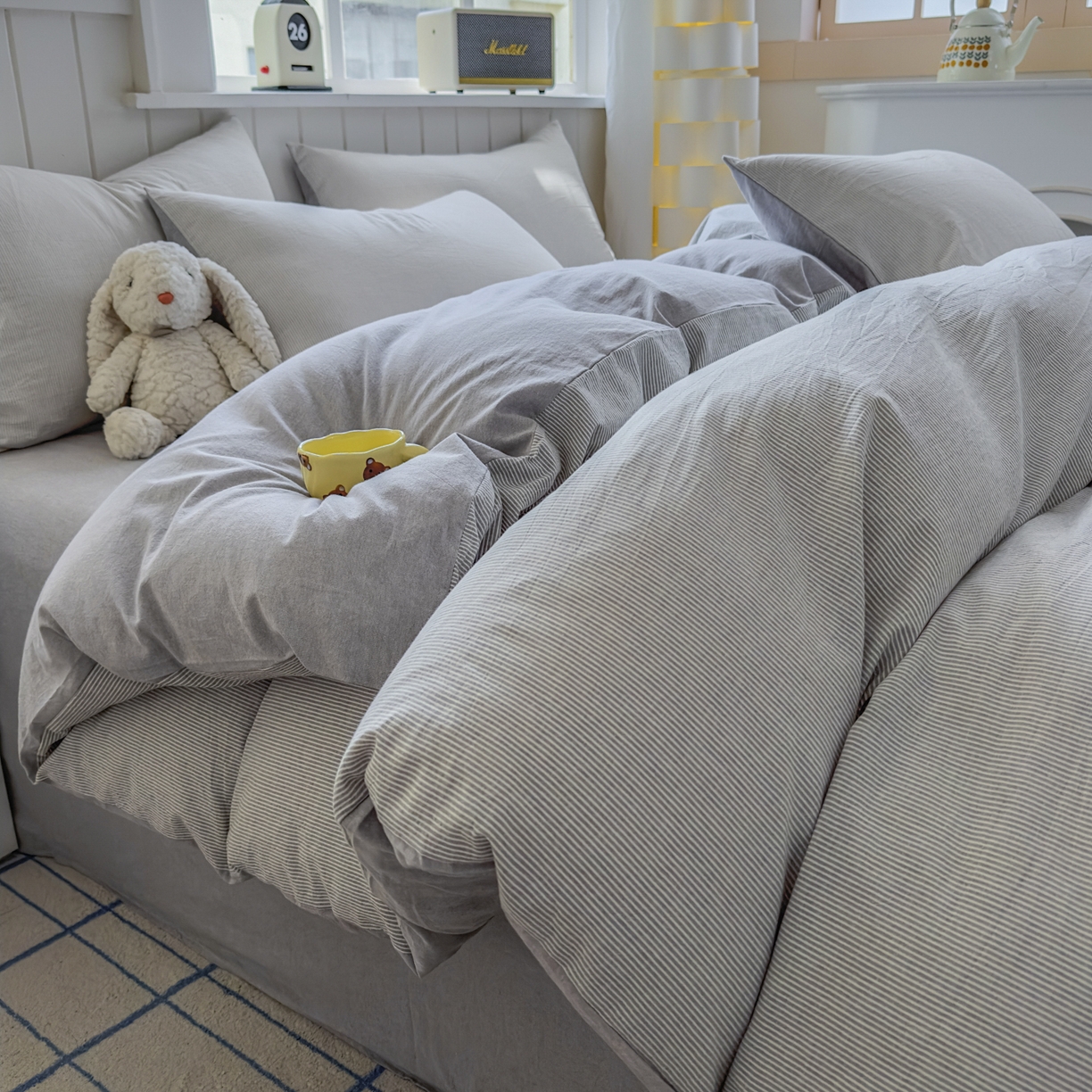 91家纺网 家纺一手货源 找家纺 宜家坊 2025新款A类全棉色织水洗棉被套单件纯棉格子纯色学生宿舍被罩定制定做 密条-浅灰