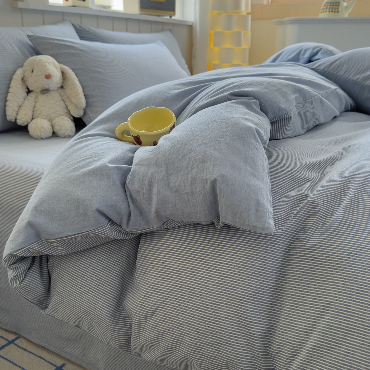 91家纺网 家纺一手货源 找家纺 宜家坊 2025新款A类全棉色织水洗棉被套单件纯棉格子纯色学生宿舍被罩定制定做 密条-浅蓝