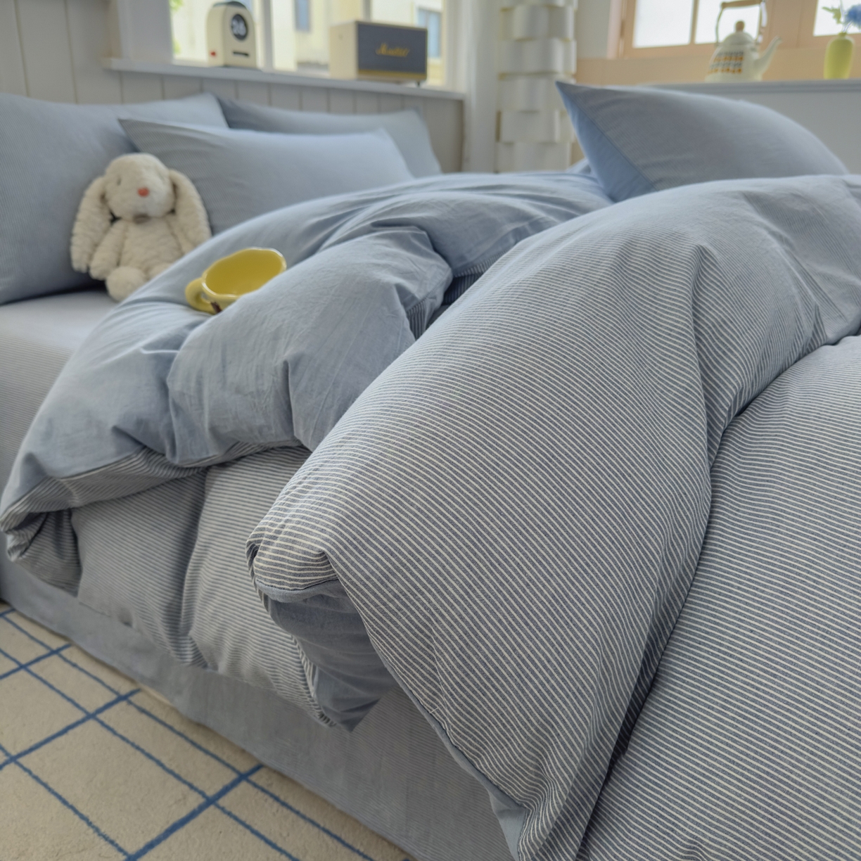 91家纺网 家纺一手货源 找家纺 宜家坊 2025新款A类全棉色织水洗棉被套单件纯棉格子纯色学生宿舍被罩定制定做 密条-浅蓝