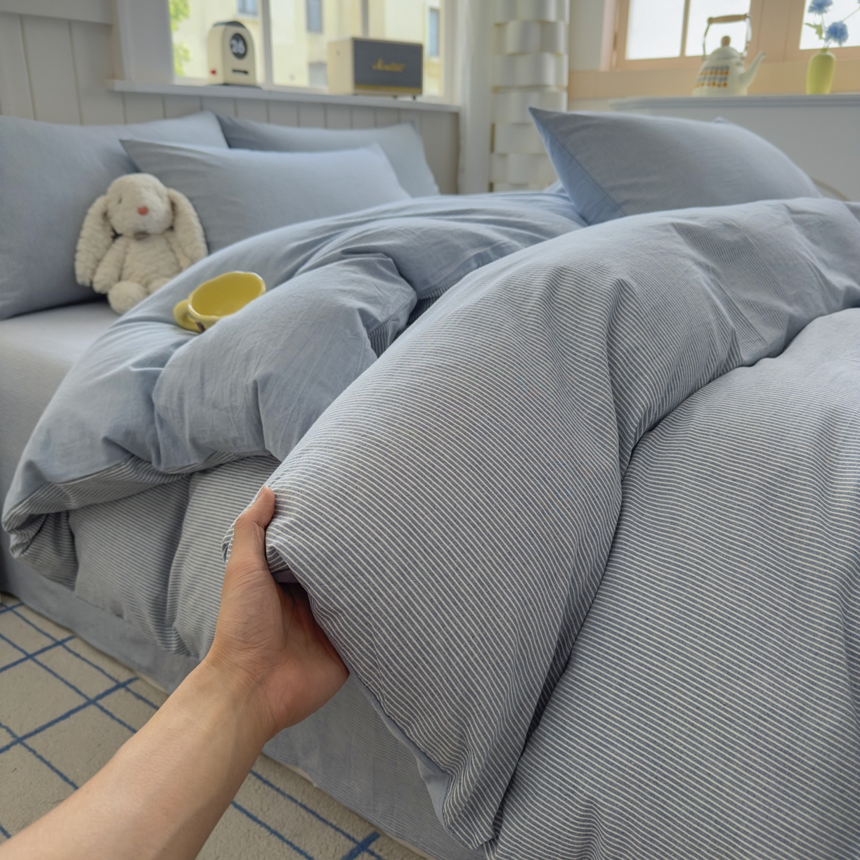 91家纺网 家纺一手货源 找家纺 宜家坊 2025新款A类全棉色织水洗棉被套单件纯棉格子纯色学生宿舍被罩定制定做 密条-浅蓝