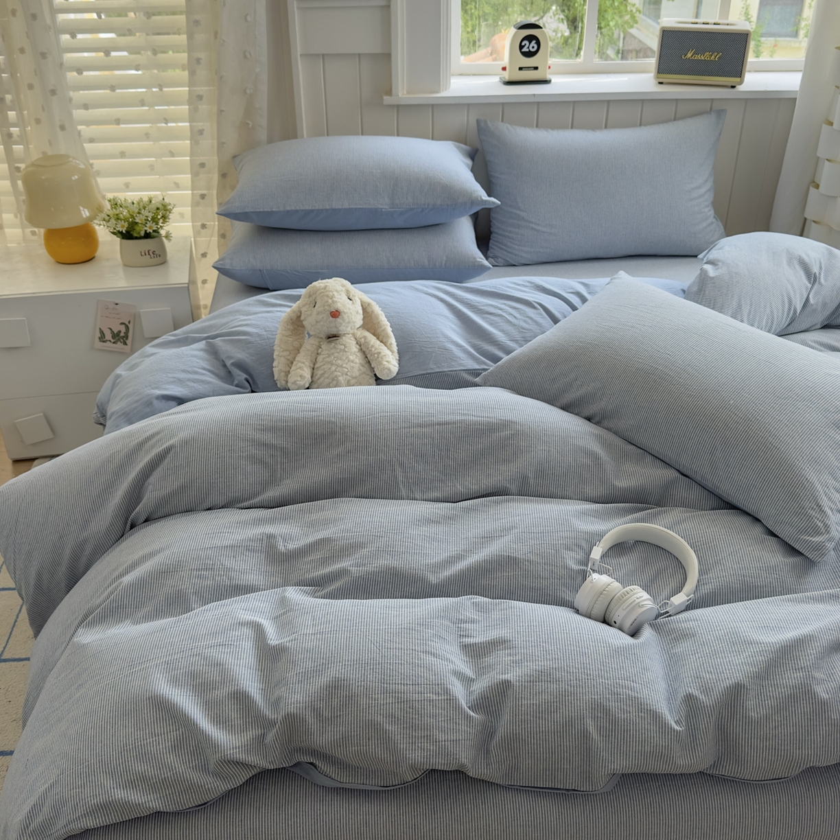 91家纺网 家纺一手货源 找家纺 宜家坊 2025新款A类全棉色织水洗棉被套单件纯棉格子纯色学生宿舍被罩定制定做 密条-浅蓝