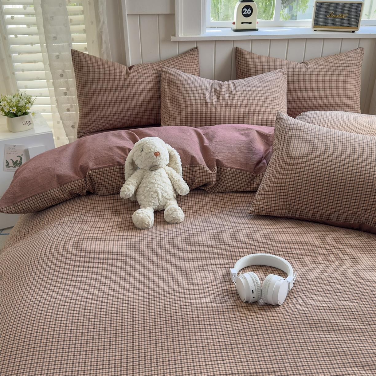 91家纺网 家纺一手货源 找家纺 宜家坊 2025新款A类全棉色织水洗棉被套单件纯棉格子纯色学生宿舍被罩定制定做 沐风-粉红