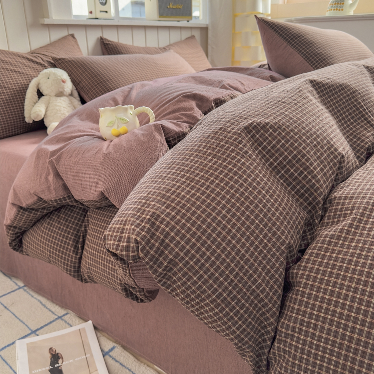 91家纺网 家纺一手货源 找家纺 宜家坊 2025新款A类全棉色织水洗棉被套单件纯棉格子纯色学生宿舍被罩定制定做 沐风-焦糖