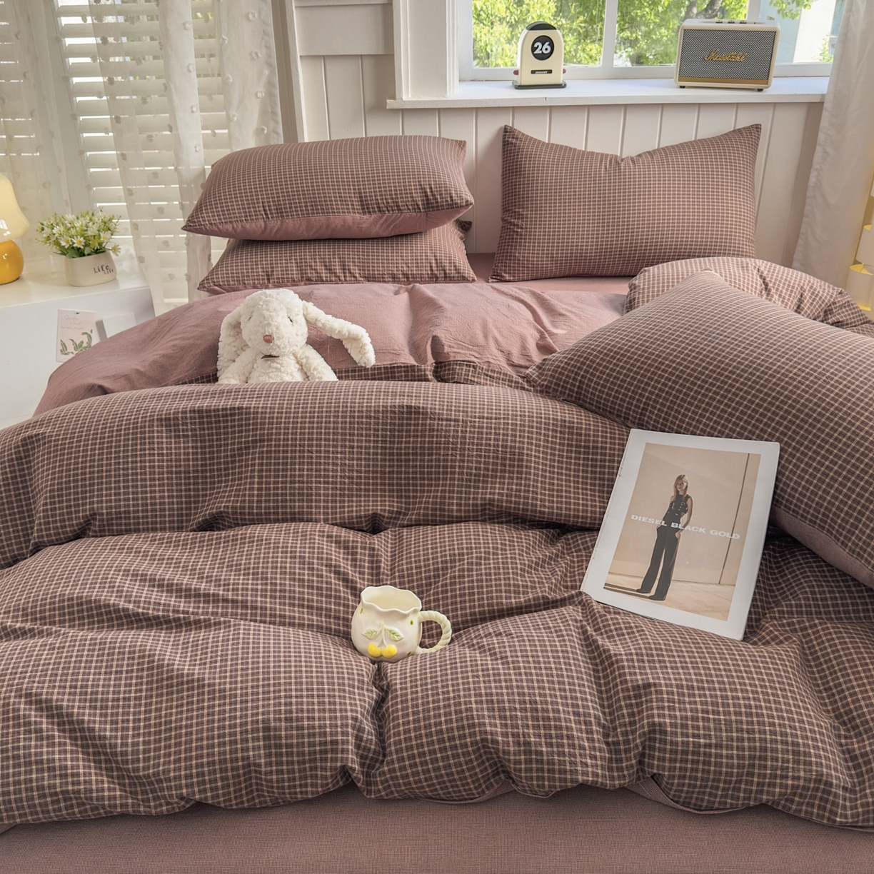 91家纺网 家纺一手货源 找家纺 宜家坊 2025新款A类全棉色织水洗棉被套单件纯棉格子纯色学生宿舍被罩定制定做 沐风-焦糖