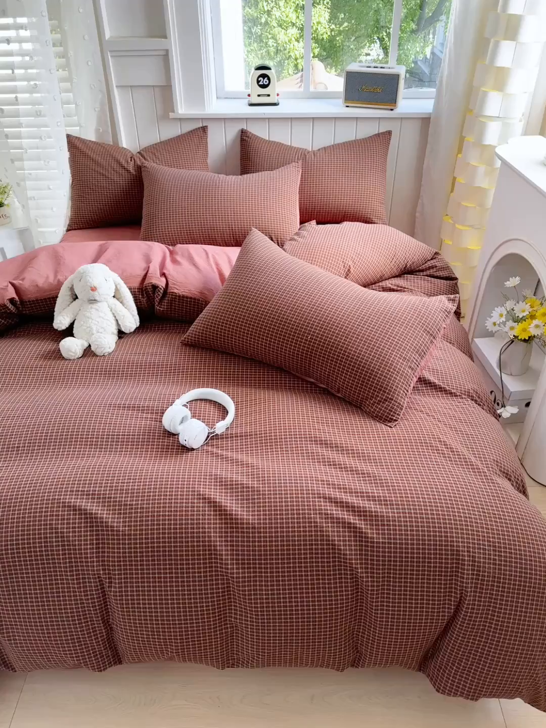91家纺网 家纺一手货源 找家纺 宜家坊 2025新款A类全棉色织水洗棉被套单件纯棉格子纯色学生宿舍被罩定制定做 沐风-焦糖