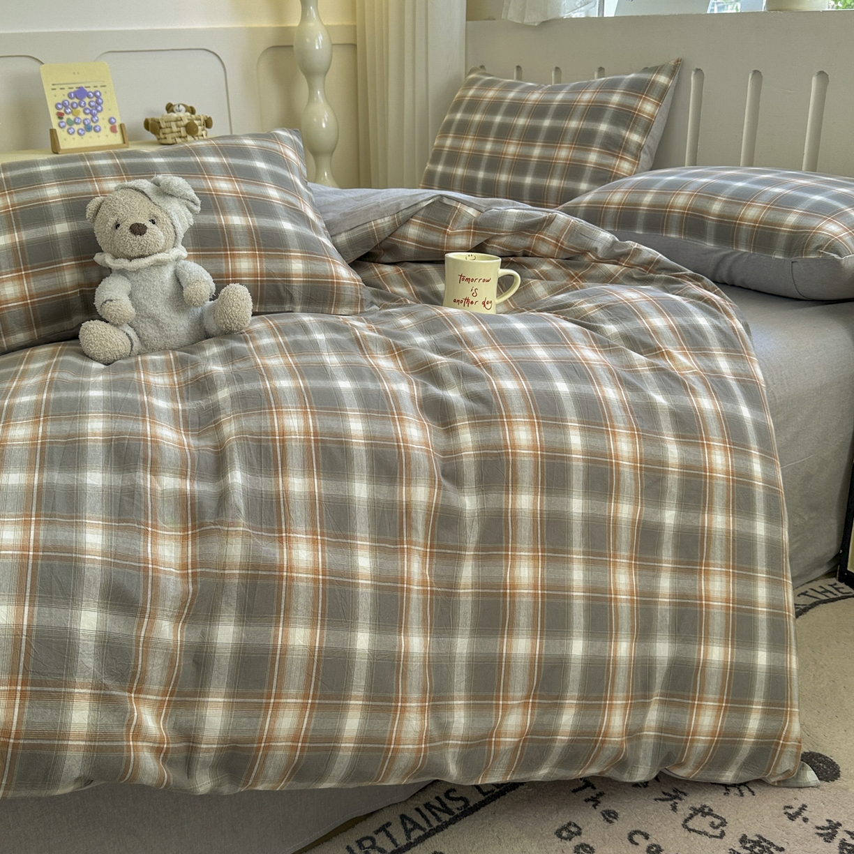 91家纺网 家纺一手货源 找家纺 宜家坊 2025新款A类全棉色织水洗棉被套单件纯棉格子纯色学生宿舍被罩定制定做 诺卡-浅灰