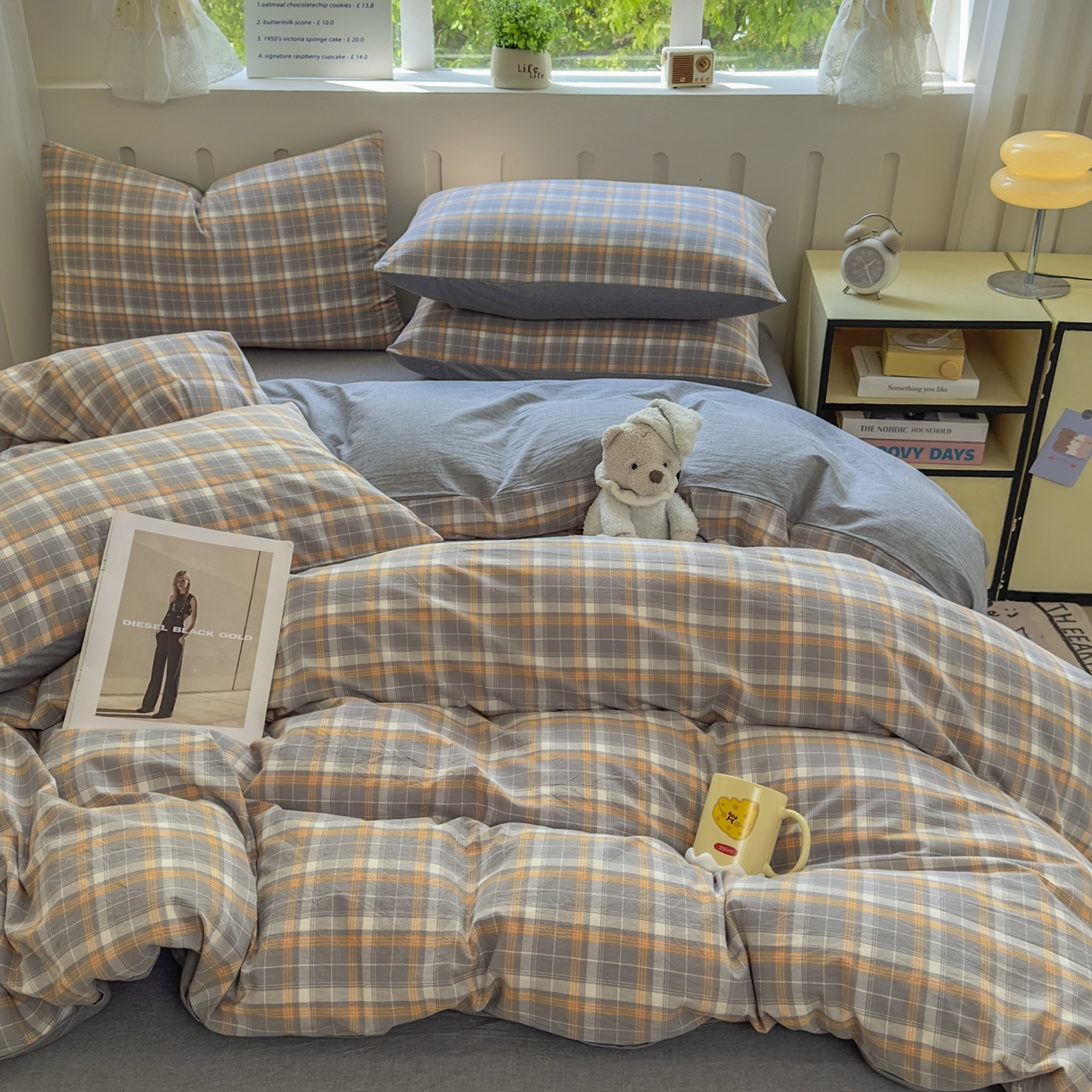 91家纺网 家纺一手货源 找家纺 宜家坊 2025新款A类全棉色织水洗棉被套单件纯棉格子纯色学生宿舍被罩定制定做 映像格-橙灰