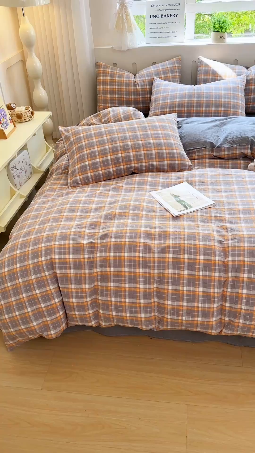 91家纺网 家纺一手货源 找家纺 宜家坊 2025新款A类全棉色织水洗棉被套单件纯棉格子纯色学生宿舍被罩定制定做 映像格-橙灰