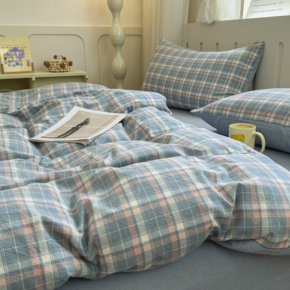 91家纺网 家纺一手货源 找家纺 宜家坊 2025新款A类全棉色织水洗棉被套单件纯棉格子纯色学生宿舍被罩定制定做 映像格-蓝