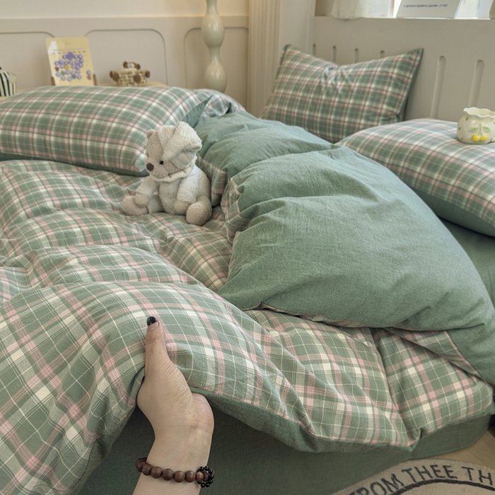 91家纺网 家纺一手货源 找家纺 宜家坊 2025新款A类全棉色织水洗棉被套单件纯棉格子纯色学生宿舍被罩定制定做 映像格-绿
