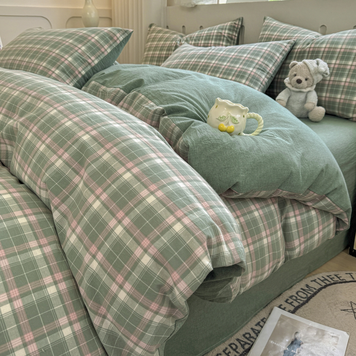 91家纺网 家纺一手货源 找家纺 宜家坊 2025新款A类全棉色织水洗棉被套单件纯棉格子纯色学生宿舍被罩定制定做 映像格-绿