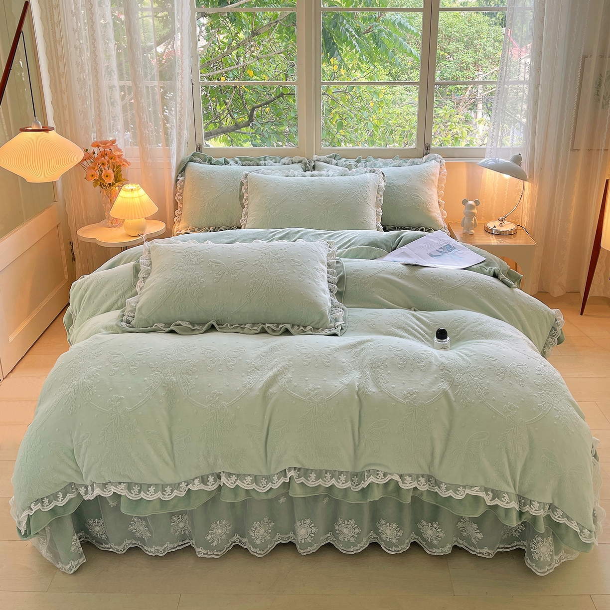 梦之星 2025新款牛奶绒雕花床盖款床单款四件套 蝶恋花-绿