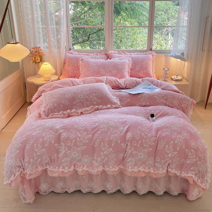 梦之星 2025新款牛奶绒雕花床盖款床单款四件套 繁花-粉