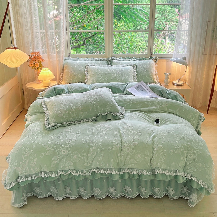 梦之星 2025新款牛奶绒雕花床盖款床单款四件套 繁花-绿