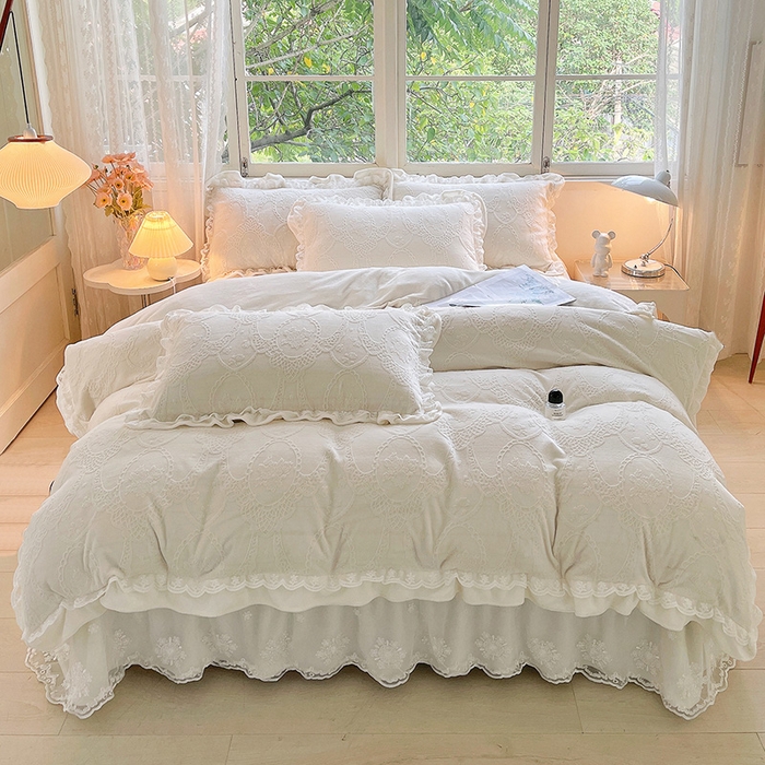 梦之星 2025新款牛奶绒雕花床盖款床单款四件套 洛梦-白