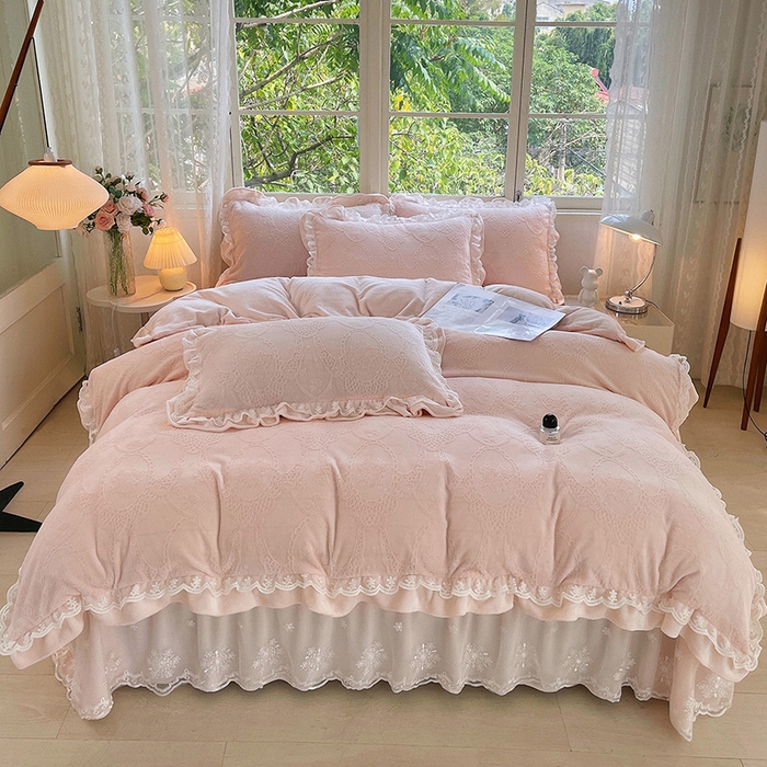 梦之星 2025新款牛奶绒雕花床盖款床单款四件套 洛梦-粉