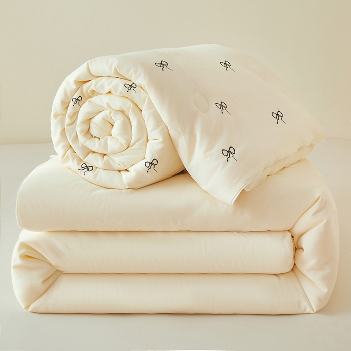 维洋家纺 2025新款柔暖刺绣双层纱大豆子母被被子被芯 奶油蝴蝶结