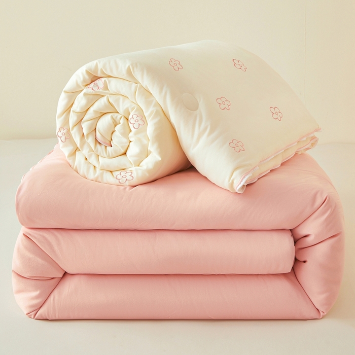 维洋家纺 2025新款柔暖刺绣双层纱大豆子母被被子被芯 奶油粉花朵