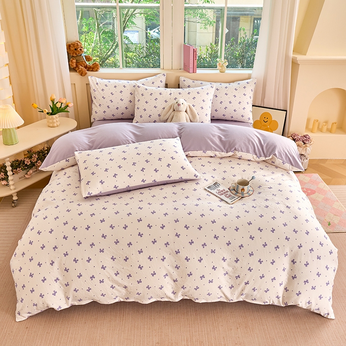 91家纺网 家纺一手货源 找家纺 卢赛尔 2025新款水洗珍珠印花四件套 蝴蝶结紫