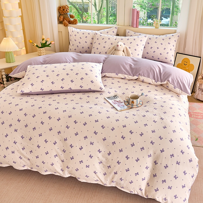 91家纺网 家纺一手货源 找家纺 卢赛尔 2025新款水洗珍珠印花四件套 蝴蝶结紫